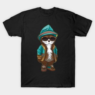 Cute Hipster Cat Wearing a Hoodie and Sunglasses with Long Beard T-Shirt